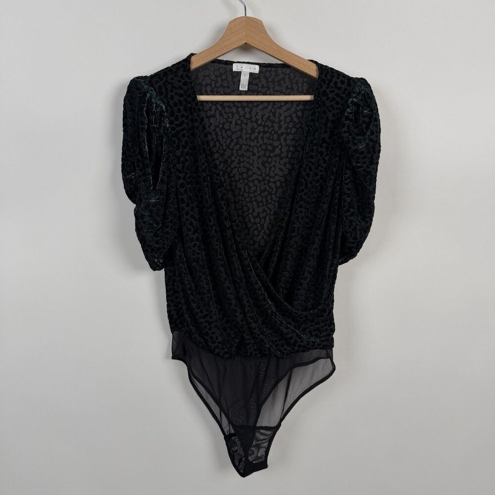Leith V Neck Wrap Green Velvet Textured Burnout Bodysuit Top Large Puff Sleeve